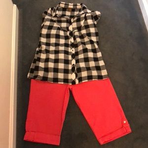 Coral Shortsand Checkered Cotton Blouse Combo